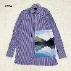 ザラ ZARA 長袖 コットン シャツ ストライプ S ブルー □