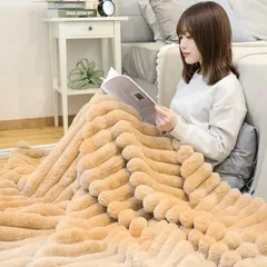 【在庫セール】140×200(シングルストライプキャメル) 洗濯機可能 ふわふわ ブランケット もうふ 厚手 冬用 毛布 SLEEPSLEEP