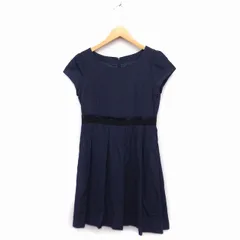 グリーンレーベルリラクシング ユナイテッドアローズ green label relaxing タック フレアワンピース パフスリーブ ひざ下丈 丸首 無地 ネイビー 紺 /FT24