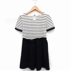 ナチュラルビューティーベーシック NATURAL BEAUTY BASIC ワンピース 切替 ボーダー柄 無地 半袖 ひざ丈 丸首 フレア M アイボリー 白 ブラック 黒 /FT7