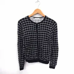 アースミュージック&エコロジー EARTH MUSIC & ECOLOGY カーディガン ニット 格子 丸首 長袖 リブ袖 M ブラック /ST9