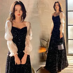 イブニングドレス サテン袖 長袖ドレス 黒 スパンコール キラキラドレス フレア パフスリーブ ブラック オフショルダー 二次会 お呼ばれドレス【④】