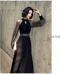 レディース パーティードレス フォーマル ワンピース 透け感 黒【】