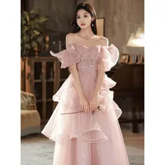 春入荷パーティードレス オフショルダー 可愛い 結婚式 成人式 パーティードレス エレガント エンパイア 誕生日 花嫁ロングドレス 演奏会【④】