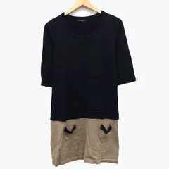 レイビームス Ray Beams ニット ワンピース Aライン 膝丈 七分袖 丸首 ウール混 切替 バイカラー ブラック 黒 ブラウン 茶 /HT5