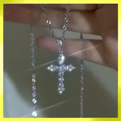 高級キュービックジルコニアクロスペンダントネックレス パーティージュエリー CZダイヤモンド クロス 十字架 シルバー 45cm~50cm レディース メンズ ユニセックス ギラギラ 新品未使用品