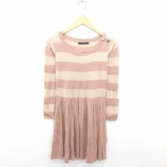 ティビ tibi ワンピース ニット プルオーバー ひざ丈 ボーダー プリーツ 丸首 ウール混 長袖 2 ピンクベージュ ベージュ 薄茶 /TT17