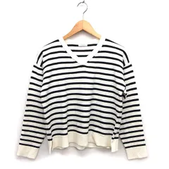 ローリーズファーム LOWRYS FARM ニット セーター Vネック リブ ボーダー ドロップショルダー ワイド 長袖 M アイボリー /NT26