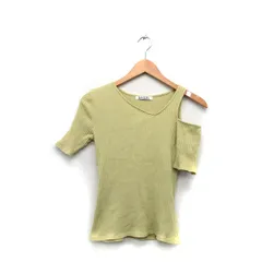 スナイデル snidel リブ ニット セーター 半袖 ショルダーカット コットン シンプル 1 グリーン 緑 /KT10