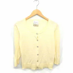 ミスティウーマン mysty woman カーディガン ニット ボーダー 丸首 薄手 綿 コットン 七分袖 M イエロー ホワイト 黄 白 /TT8