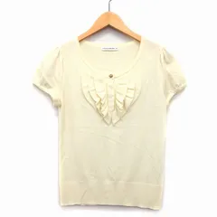 エムプルミエ ブラック M-Premier BLACK ニット カットソー 半袖 ヘンリーネック 無地 フリル 切替リブ ウール 毛 38 クリーム /HT20