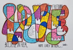 強い女性のエンパワーメントを表現したイラスト、シュールなワードアート