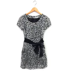 ナチュラルビューティーベーシック NATURAL BEAUTY BASIC ワンピース フレア ミニ リボン タック 花柄 バックジップ 半袖 S 黒 ブラック /NT5