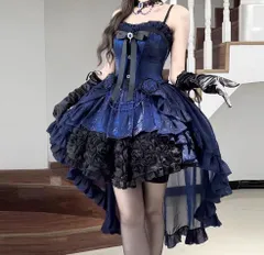 2点セット ゴシック ロリータ ワンピース ドレス トレーン ネイビー ブルー ブラック 薔薇 レース イブニングドレス 成人式 お姫様 誕生日パーティー セクシー 編み上げ ゴスロリ 地雷系 量産型 病みかわ 参戦服 ステージ 衣装 ふんわりスカート