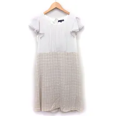 エニィファム anyFam ワンピース 膝丈 切替 シフォン ツイード 半袖 丸首 3 綿混 アイボリー 白 ベージュ /HT26