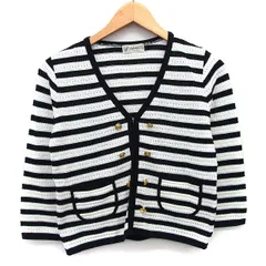 アリスバーリー Aylesbury ニット カーディガン ショート丈 ボーダー 柄 柄編み ブレード 切替リブ 七分袖 Vネック 綿混 M ブラック 黒 /HT31