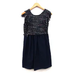 ザラ ベーシック ZARA BASIC ワンピース フレア ミニ 膝上 切替 ツイード 無地 フリンジ ノースリーブ 丸首 綿混 XS ブラック 黒 ネイビー 紺 /HT3