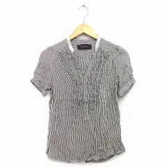 ジュエルチェンジズ Jewel Changes アローズ カットソー チュニック ハーフボタン Vネック 半袖 ロングテール ストライプ 柄 ビーズ装飾 フリル ブラウン 茶 /HT15