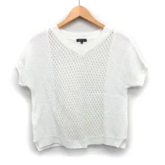 インディヴィ INDIVI かぎ針編み ニット セーター 半袖 切替リブ Vネック リネン 麻 38 ホワイト 白 /HT11