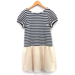 アナトリエ ANATELIER ワンピース フレア ミニ レイヤード風 ボーダー 柄 チュール リボン パール装飾 半袖 丸首 36 ネイビー 紺 ベージュ /HT12