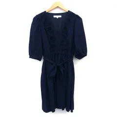 マーキュリーデュオ MERCURYDUO ワンピース フレア 膝丈 無地 シンプル ウエストリボン レース タック 五分袖 Vネック F ネイビー 紺 /HT16