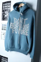 (S-M) アジョバイアジョ フード付きTシャツ ニット ライトブルー ビックロゴ ストリート-16FB6