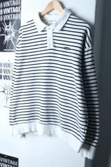 (L-XL) COVERNAT カバーナット カラ 長袖Tシャツ ルーズフィット ストライプ 白 -16FBC