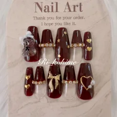 ネイルチップ　現品　フレンチガーリー　ちゅるん　ニュアンス　バレエコア　ワンホン　韓国　メンカラ　推しネイル　y2k  夢かわ　ツイード　バレエコア　くま　クマ　テディベア　バレンタイン　バーガンディ　ワインレッド　ボルドー　ゴールド