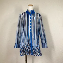 美品【レジァンス】ブラウス　チュニック　シャツ　青　白　REGENCE　40　L　ストライプ　マルチカラー　フリル　シアー　羽織 日本製