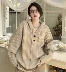 ニットパーカー 未使用 ゆったり ニットセーター フード付き オーバーサイズ ドロップショルダー フーディー 無地 シンプル レディース 秋冬 ニット