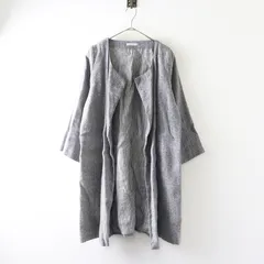 フォグリネンワーク fog linen work ヘリンボーン 前開き ノーカラーロングコート グレー×ネイビー┃ハオリ 羽織【2400014762563】