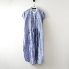 ミズイロインド mizuiro ind ストライプ バンドカラー ギャザー シャツワンピース‖ホワイト×ブルー ドレス ロング【2400014787955】