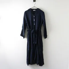 フォグリネンワーク fog linen work リネン タックロングワンピース‖ネイビー ドレス フレア 長袖 前開き 麻【2400014787948】