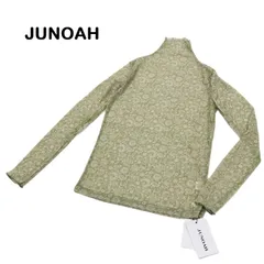 【JUOAH/ジュノア】シアーカットソー 長袖 ハイネック カットソー トップス インナーカットソー ペイズリー 花柄 総柄 グリーン系 洗濯OK（中古）
