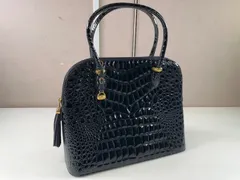 ★美品 Fontanelle フォンタネッリ イタリア製 クロコ型押し エナメルレザー ハンドバッグ 黒 レディース 鞄 中古品 ■管理2M166