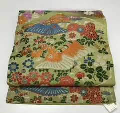 【中古】名古屋帯 正絹 グリーン地に菱文様 アンティーク