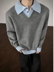 メンズ セーター 即購入OK 重ね着風 ニットポロ トップス Vネックセーター ニット ビジネス カジュアル ポロシャツ 襟付き 長袖 プルオーバー 襟付きセーター シンプル 長袖 kuke05