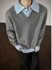 メンズ セーター 即購入OK 重ね着風 ニットポロ トップス Vネックセーター ニット ビジネス カジュアル ポロシャツ 襟付き 長袖 プルオーバー 襟付きセーター シンプル 長袖 kuke05