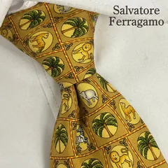 《美品》Salvatore Ferragamo (サルヴァトーレフェラガモ) シルクネクタイ イタリア製 総柄 アニマル ライオン シマウマ 象 椰子の木 イエロー系 オレンジ ブラウン グリーン