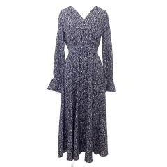 フレイアイディー FRAY I.D 美品 ワンピース 長袖 ロング フレア マキシ丈 小花柄 Vネック F 黒 ブラック ■YHS8 A1017