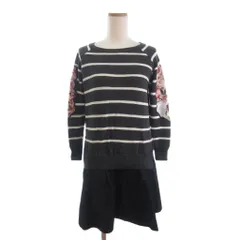 チェスティ Chesty ニットワンピース 長袖 ひざ丈 ボーダー 異素材 切替 エルボーパッチ 黒 ブラック 1 ■TC