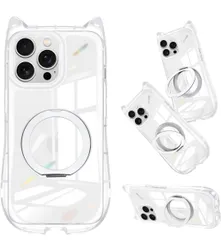 ★iPhone 15 Pro ケース クリア リング付き 隠しスタンド 猫耳 ネコミミ アイフォン MagSafe対応 360度回転スタンド リング付き スマホケース
