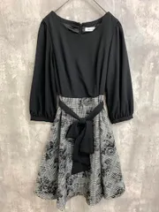 Rew de Rew ルゥデルゥ ポリエステル ウエストリボン 7分袖 チェック フロッキーフラワー Aライン ワンピース sizeM/黒 ■◆ レディース