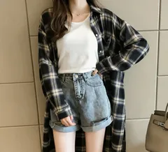 シャツワンピース チェック 長袖 レディース 羽織り ロングシャツ 前開き シャツ ロング 秋 大きいサイズ ブラック 黒 秋冬 チェックシャツ カジュアル 韓国ファッション 黒 XL XXL XXXL LL 2XL 3XL 韓国 服「27522-2」