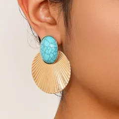 大ぶり シェル型 ゴールドピアス ターコイズ風 軽量 揺れない レディース 上品 レディースピアス 大きめ 大ぶりピアス ゴールド シェル型 イミテーションターコイズ 耳飾り カジュアル フォーマル 普段使い