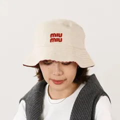 MIU MIU ミュウミュウ 帽子 ストライプリネンブレンド バケットハット 5RM030 2CQQ レディース  レッド ストライプ リバーシブル バケハ ポーチ 収納 ロゴ 春夏のサムネイル