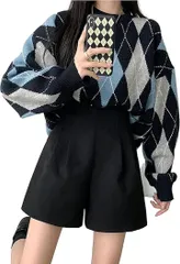 SLOW＆MELLOW レディース ハイウエスト ショートパンツ タック カジュアル シンプル Aライン 美脚 ボトムス バックファスナー ウールタッチ 2カラー キュロット ショーパン 無地 秋 冬 (ブラック,  M)