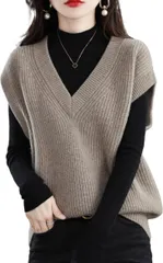 SLOW＆MELLOW ニット ベスト レディース シンプル カジュアル 無地 ゆったり トップス 韓国 セーター Vネック 暖かい レイヤード 3カラー ジレ 重ね着 プルオーバー (カーキ,  Free Size)