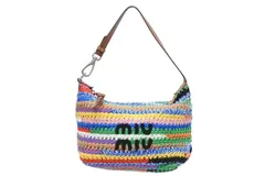 極美品 MIUMIU ミュウミュウ クロシェ ポーチ マルチカラー ファブリック レザー 5NE841_AF46_F0055 シルバー金具 ハンドバッグ 中古 4b011628