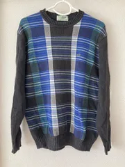 美品　古着　Crocodile   クロコダイル　長袖　ニット　トップス　ロゴプリント　メンズ　レディース　グレー×ブルー　M